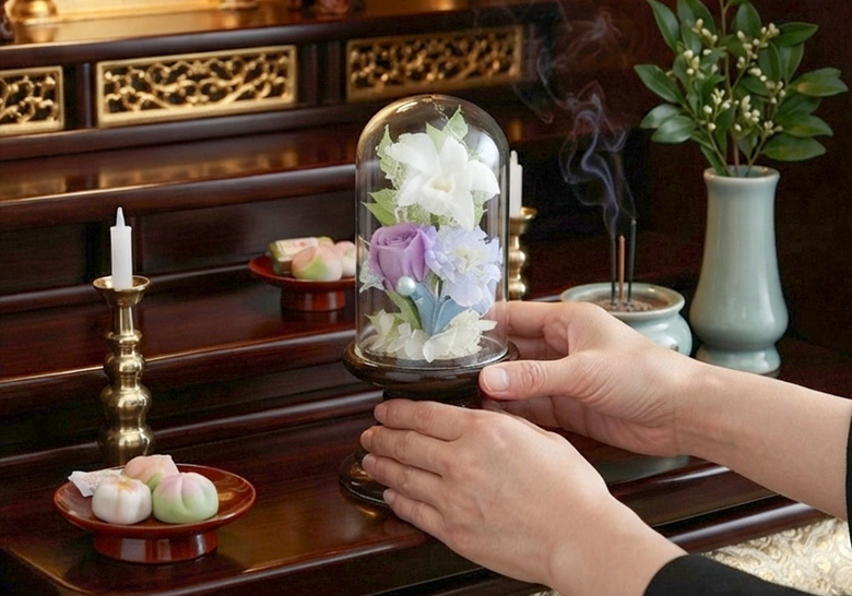 プリザーブドフラワー お供え花 ガラスドーム仏花 ことね