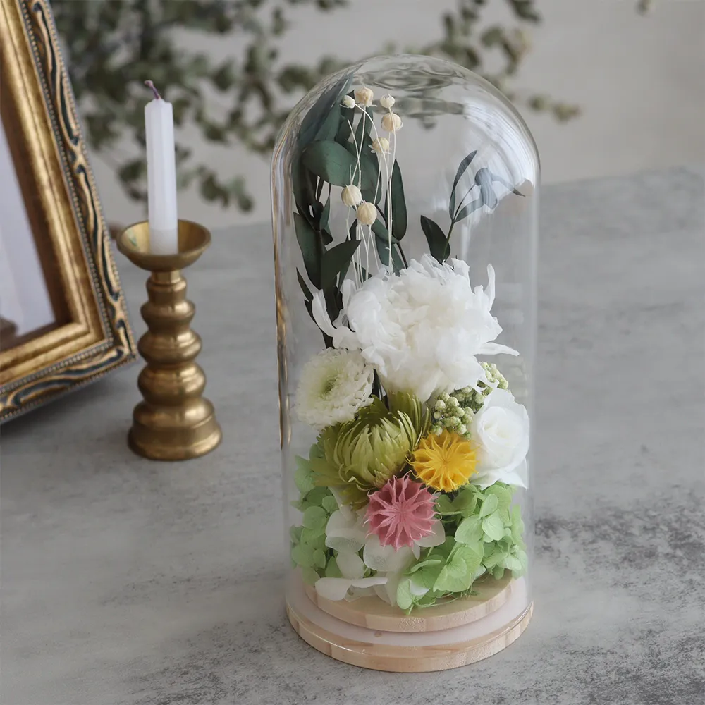プリザーブドフラワー 仏花 お供え花 ガラスドーム露菊（つゆぎく）