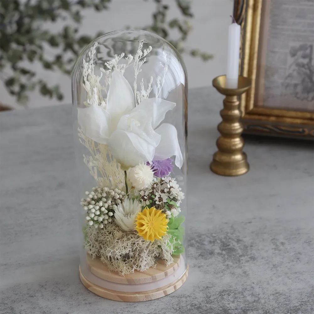 プリザーブドフラワー 仏花 お供え花 ガラスドーム白雫（しずく）