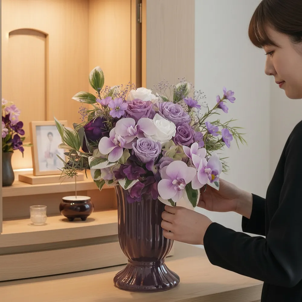 プリザーブドフラワー 仏花 お供え花 陽紫（ひさき）花器付