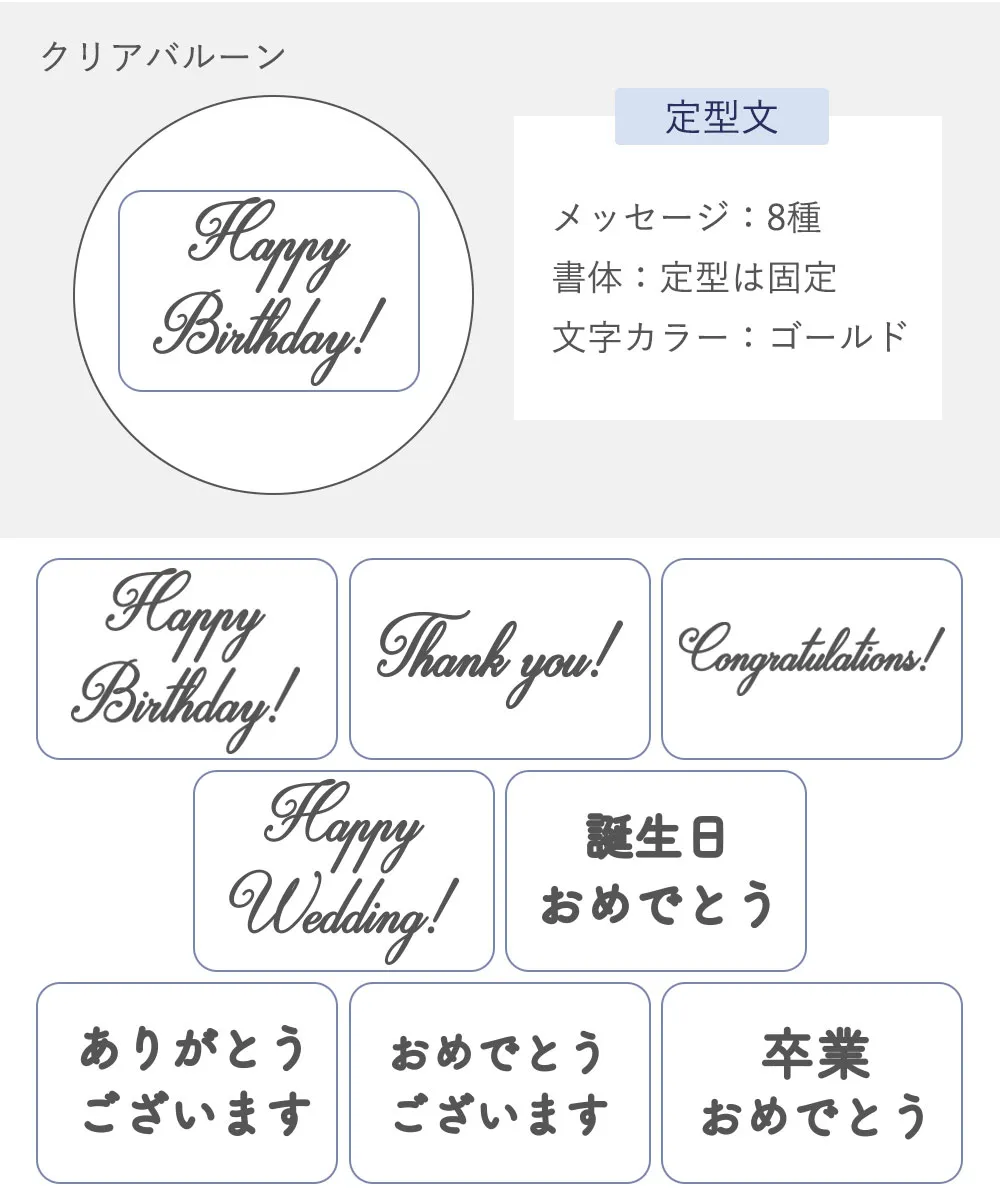 名入れについて　クリアバルーンブーケ　無料　定型　文字ゴールド