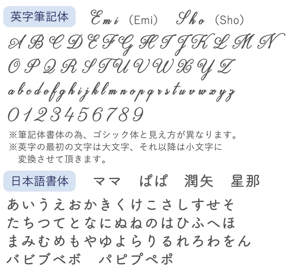 ソープフラワー エレガントバルーンブーケ 名入れについて　書体見本　フォント　Font　